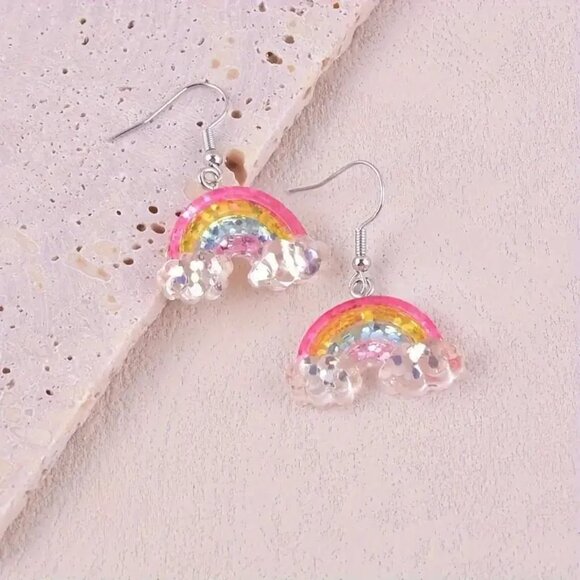 Boho Festival Rainbow Colored Glitter Bling Dangle Earrings - Picture 4 of 5